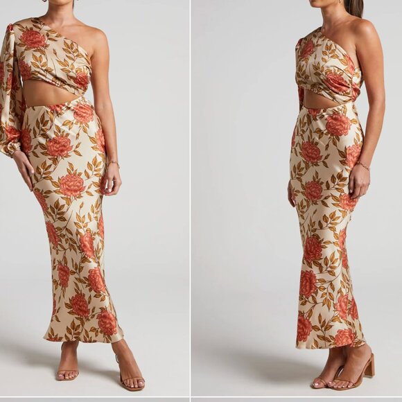 Midi Dress One Shoulder Cut Out Dress in Beige Floral - Picture 1 of 4